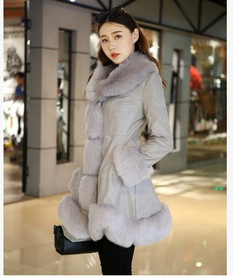 Faux fox fur big fur collar thick warm female leather coat long slim fur coat