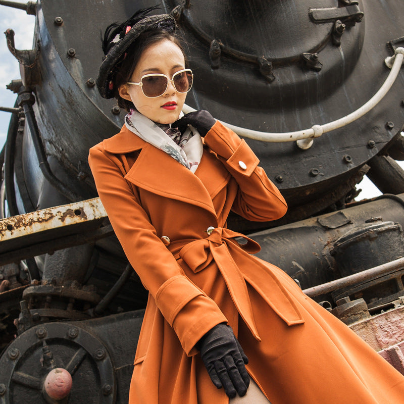 Slim slimming caramel color plus size long trench coat