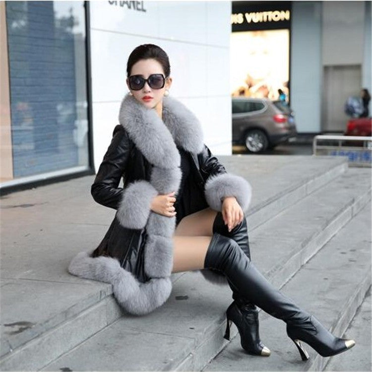 Faux fox fur big fur collar thick warm female leather coat long slim fur coat