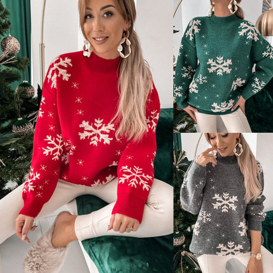 Snowflake Towel Embroidery Half-high Collar Long Sleeves Women's Christmas Sweater