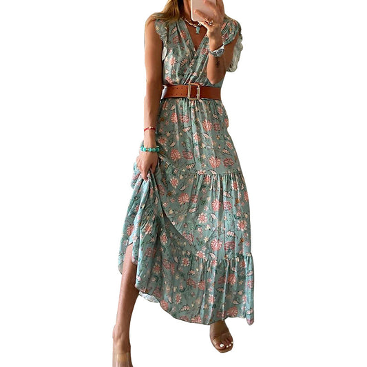 V-Neck Print Dress With Skirt