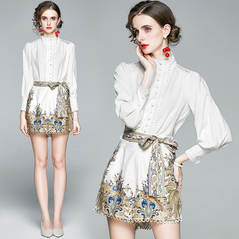 Two Pieces Set Chic Women's Suit White Blouse Tops And Printed High Waist Shorts Female Office Suit Fashion 2 Piece Set Clothing