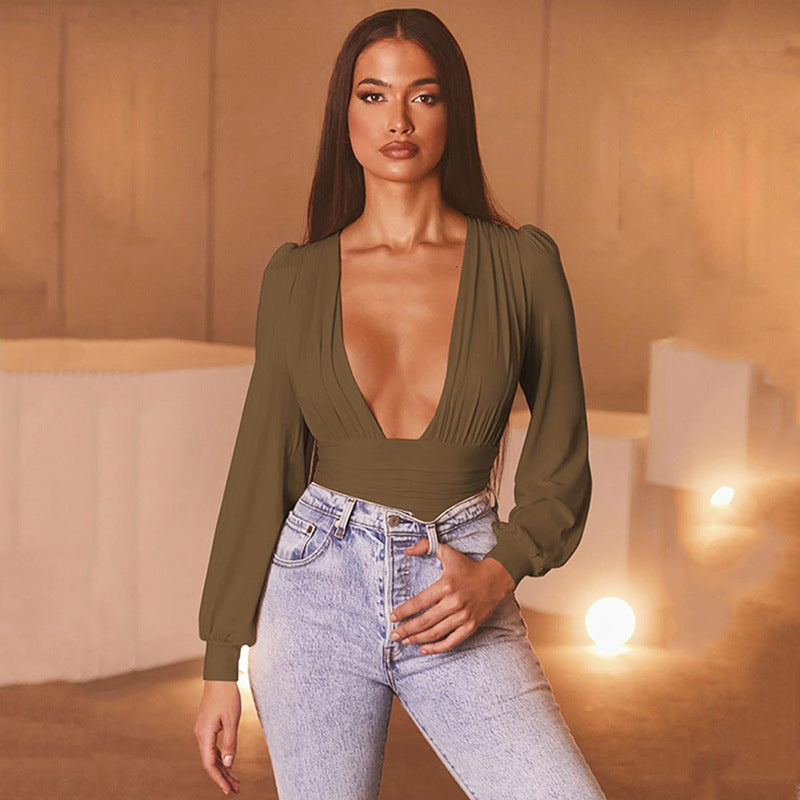 Low-cut solid color slim long-sleeved bodysuit