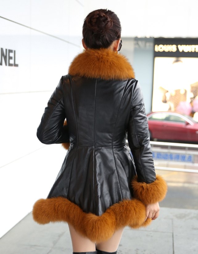 Faux fox fur big fur collar thick warm female leather coat long slim fur coat