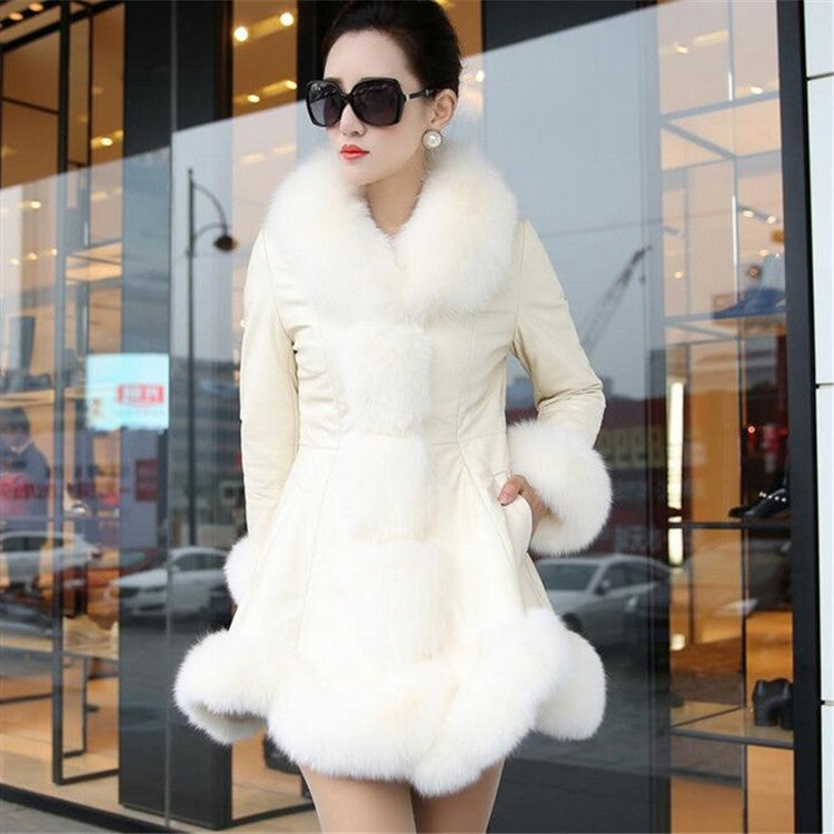 Faux fox fur big fur collar thick warm female leather coat long slim fur coat