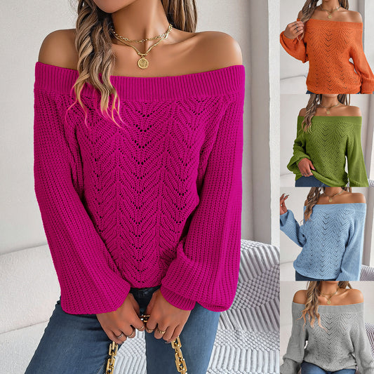 Leisure Solid Color Hollow-out Off-neck Off-the-shoulder Lantern Sleeve Sweater