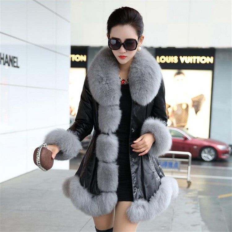 Faux fox fur big fur collar thick warm female leather coat long slim fur coat