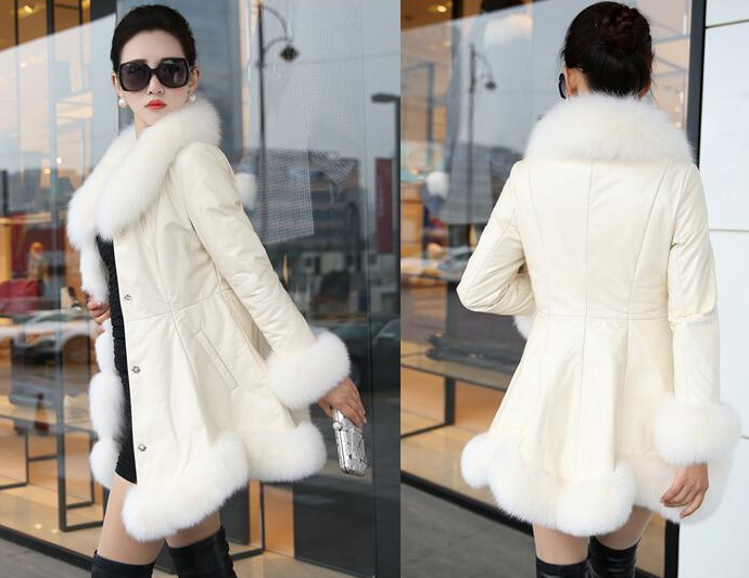 Faux fox fur big fur collar thick warm female leather coat long slim fur coat