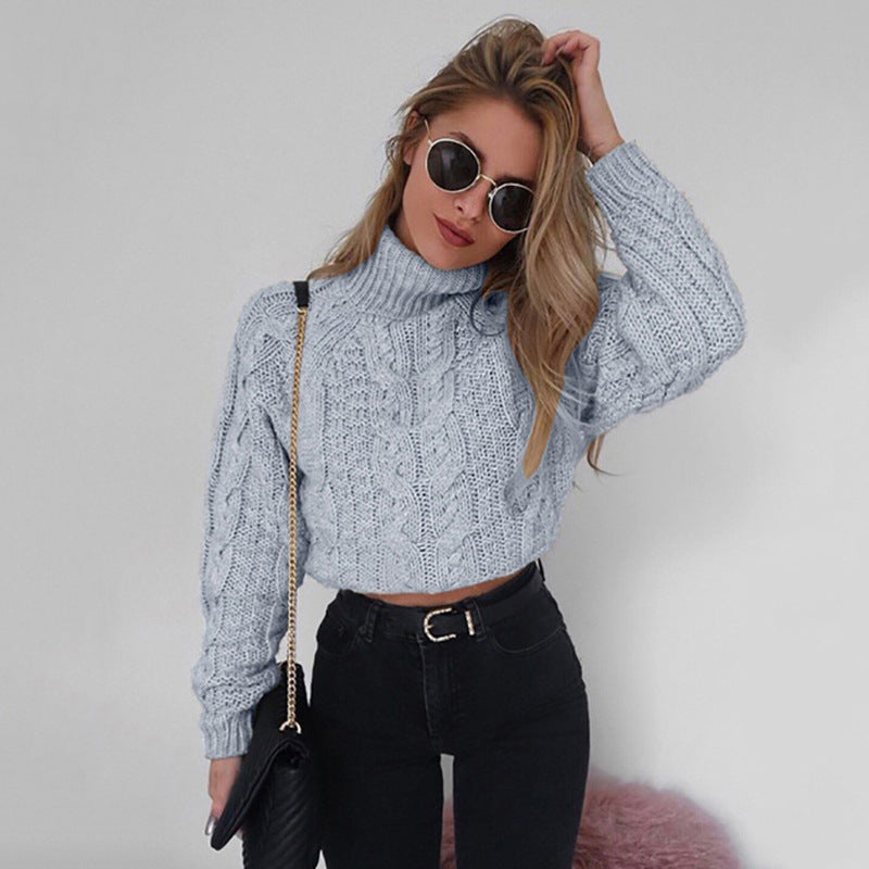 Short long sleeve high neck sexy twist knit sweater
