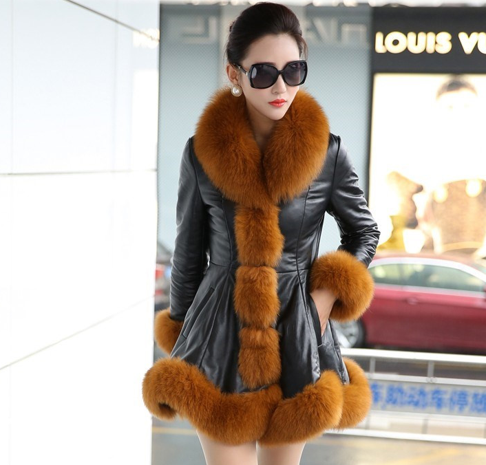 Faux fox fur big fur collar thick warm female leather coat long slim fur coat