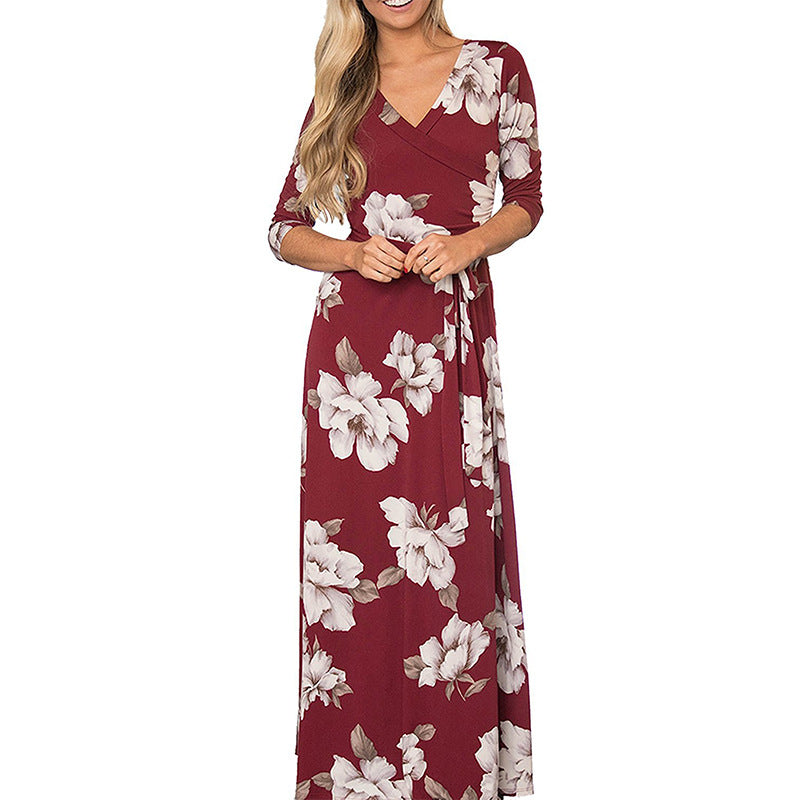 Sexy V-neck Three-quarter Sleeve Printed Long Skirt Lace-up Skirt Dress