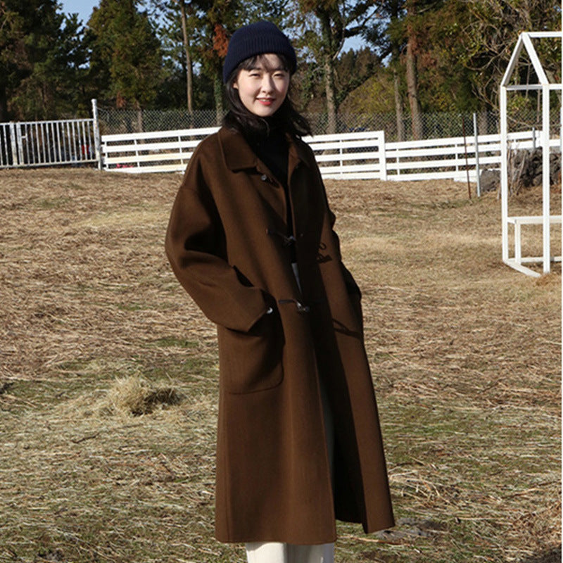 Women's Horn Buckle Mid-length College Wind Woolen Coat