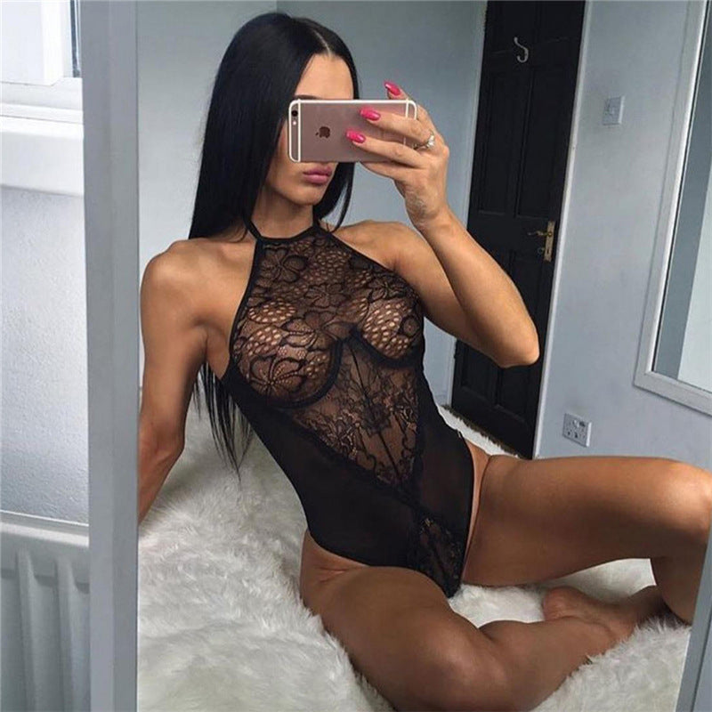 Sexy halter one-piece lace see-through underwear