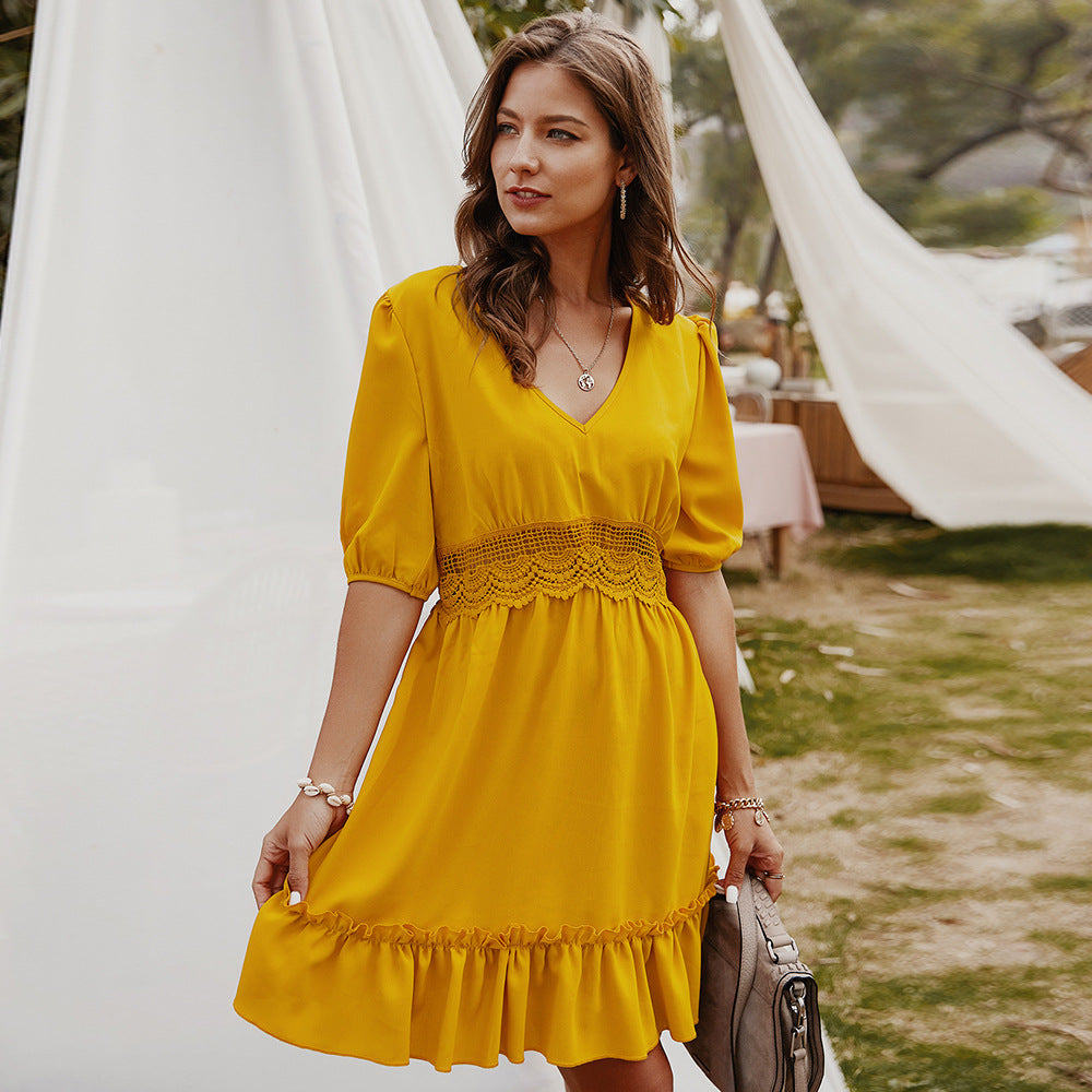 Solid Color V-neck Five-point Sleeve Sexy Dress