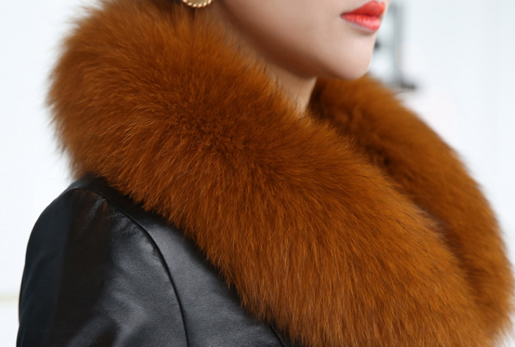 Faux fox fur big fur collar thick warm female leather coat long slim fur coat