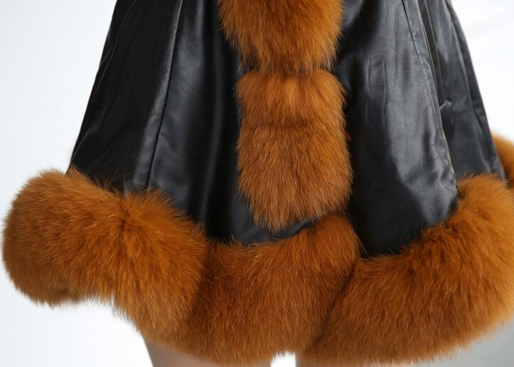 Faux fox fur big fur collar thick warm female leather coat long slim fur coat