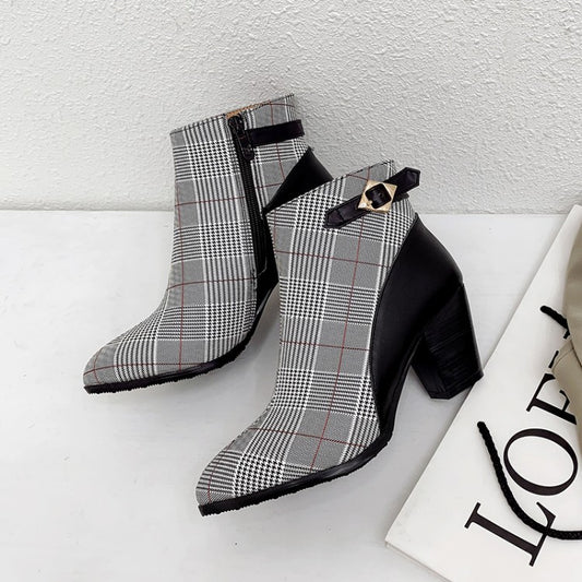 Retro Check Pattern Pointed Toe Ankle Boots Chunky Heel Ankle Boots