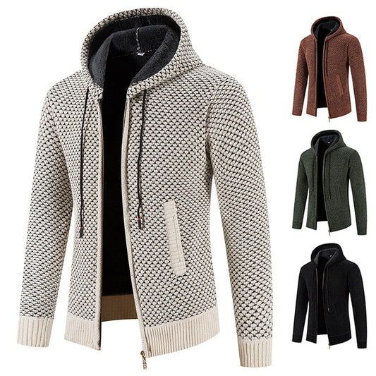 Knitwear Men's Hooded Sweater Fleece-lined Velvet-added Thickness Fleece-lined Warm Cardigan Coat