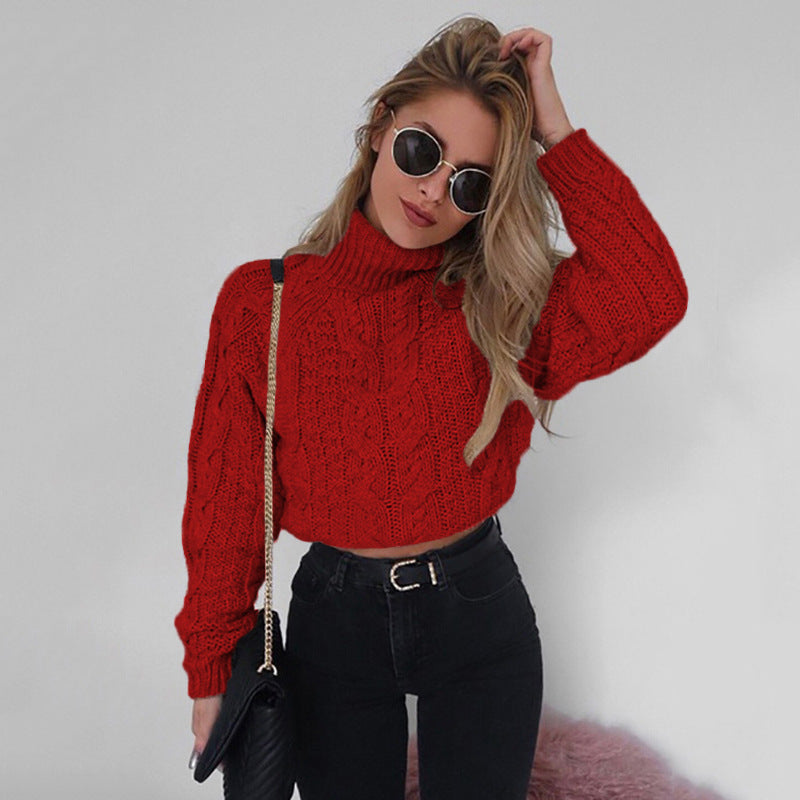 Short long sleeve high neck sexy twist knit sweater
