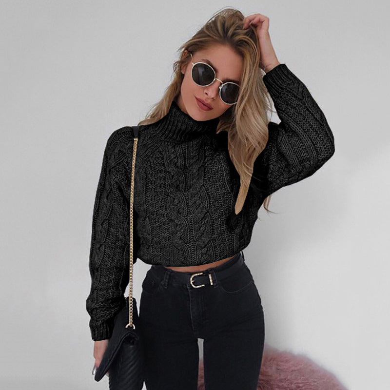 Short long sleeve high neck sexy twist knit sweater