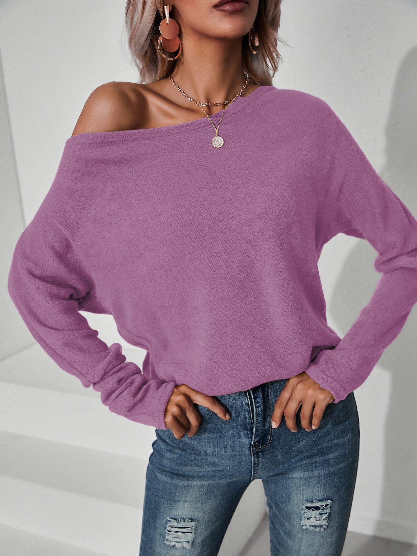 Street Solid Color Knitted Oblique Shoulder Top Sweater