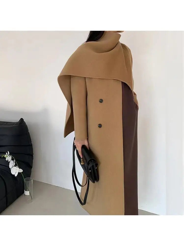 2023 Autumn And Winter Handmade Scarf Collar Woolen Jackets Double Breasted Solid Color Loose Lace Up Tie Women 100% Wool Coat
