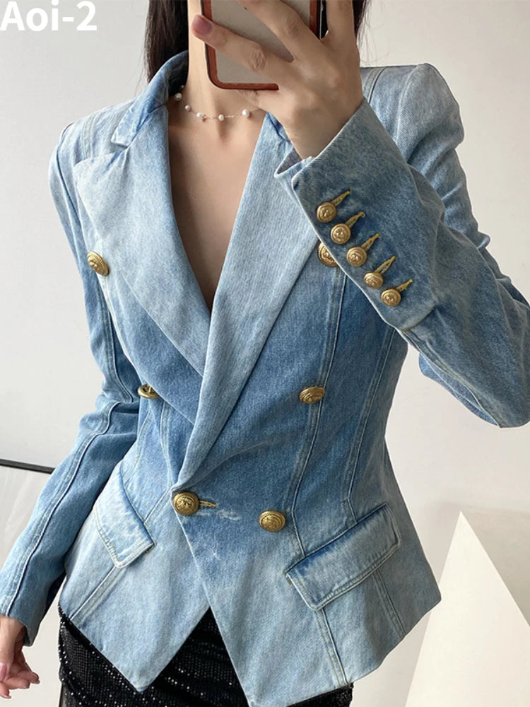 Vintage Commuter Denim Coat Women Autumn New European American Fashion Slim Fit Top Elegant All-match Plus Size Suit Jacket 5XL