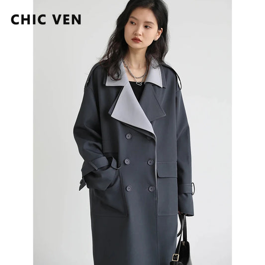 CHIC VEN Women Trench Coat Solid Loose Contrast Double Collar Double Breasted Long Women's Windbreaker Office Lady Spring Autumn