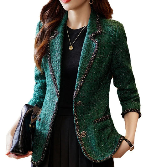 Autumn Winter Ladies Casual Blazer Women Black Green Beige Plaid Jacket Female Long Sleeve Single Breasted Slim Coat