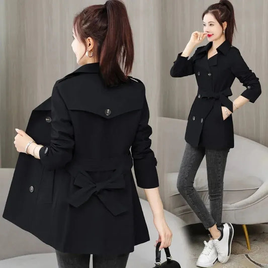 2023 New Spring Autumn Trench Coat Women Clothes Slim Long-Sleeved Short Windbreaker With Belt Casual Outwear Female Tops Lining