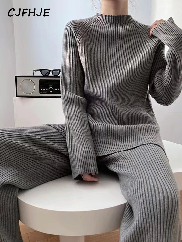 CJFHJE New Knitted Sweater Suit Women Elegant Solid O-Neck Pullovers Wide Leg Pants Suit Lady Winter Soft 2 Piece Set Homewear