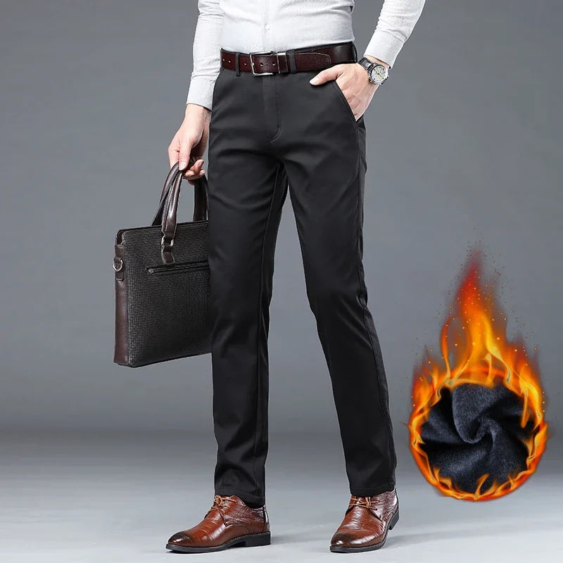 KUBRO Winter Men Warm Trousers Big Size Classic Style Business Fashion Regular Thick Casual Pants Male Brand Khaki Navy Black