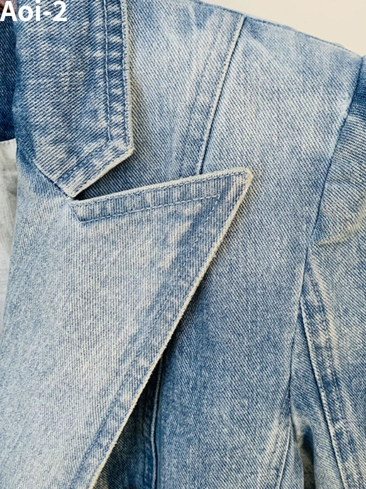 Vintage Commuter Denim Coat Women Autumn New European American Fashion Slim Fit Top Elegant All-match Plus Size Suit Jacket 5XL