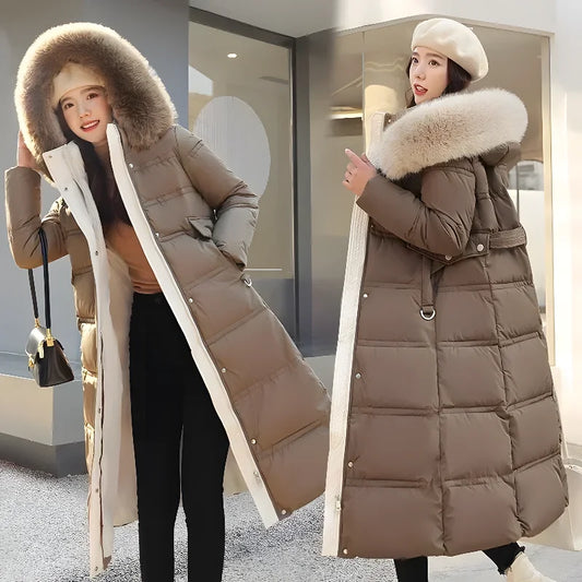 2023 New Women Winter Jacket Long Coat Fur Collar Hooded Down Parka Overcoat Warm Long Thick Cotton Wadded Jacket Outwear