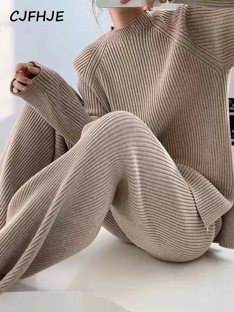 CJFHJE New Knitted Sweater Suit Women Elegant Solid O-Neck Pullovers Wide Leg Pants Suit Lady Winter Soft 2 Piece Set Homewear