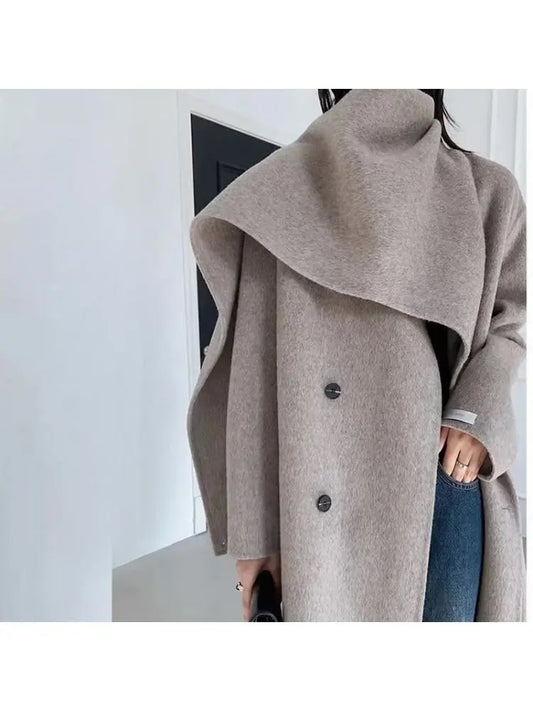 2023 Autumn And Winter Handmade Scarf Collar Woolen Jackets Double Breasted Solid Color Loose Lace Up Tie Women 100% Wool Coat