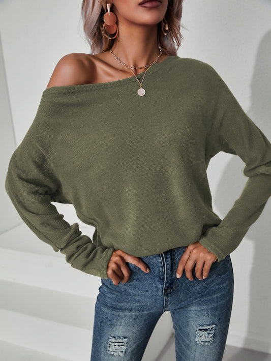 Street Solid Color Knitted Oblique Shoulder Top Sweater