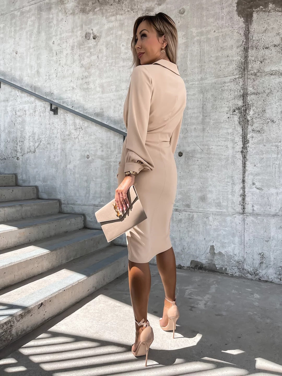 Solid Color Long Sleeve V-neck Discount Slit Hemline At Hem Dress