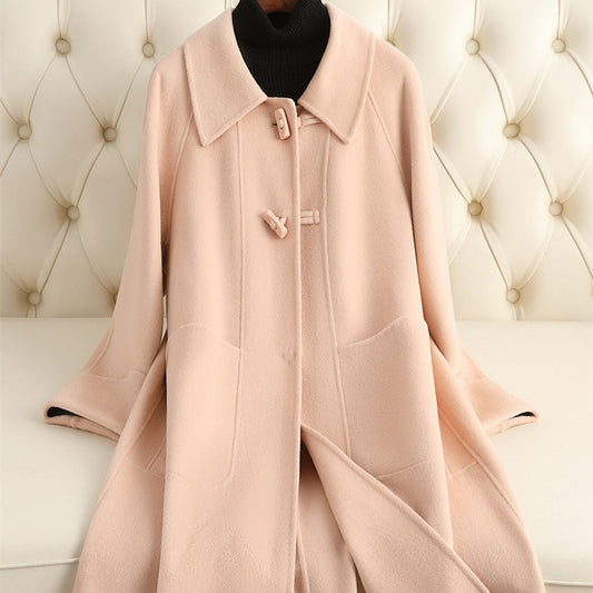 Small Lapel Cashmere Coat For Women's Loose Fitting Medium Length Style
