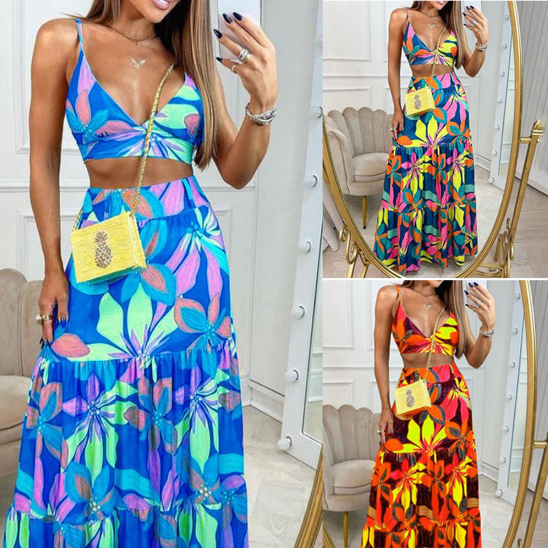 Printed V-neck Suspenders Temperament Big Swing Long Skirt Suit For Women