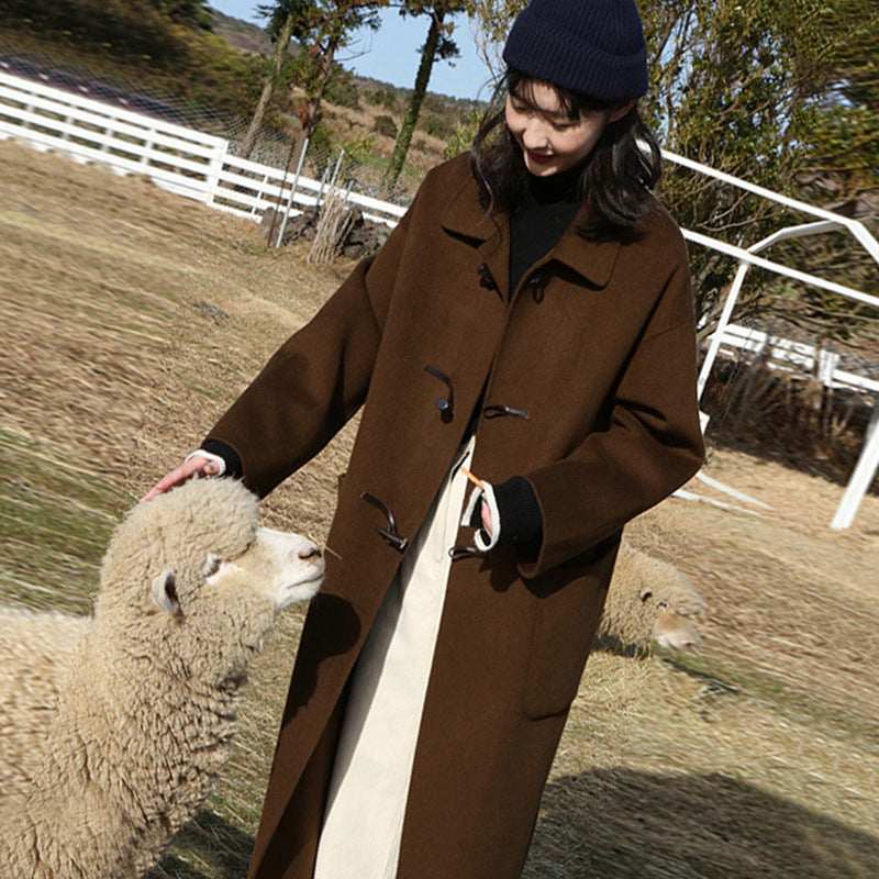 Women's Horn Buckle Mid-length College Wind Woolen Coat