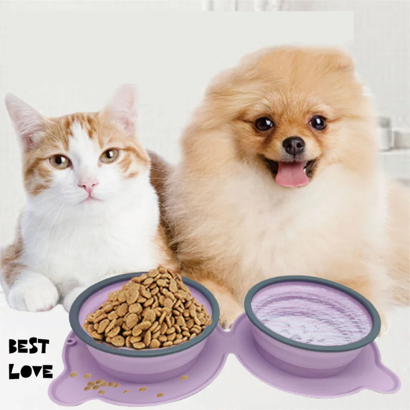 Portable Silicone Double Dog Food Bowls Foldable Non-Slip Cat Bowl Pet Travel Anti-Choking Feeding Bowl Outdoor