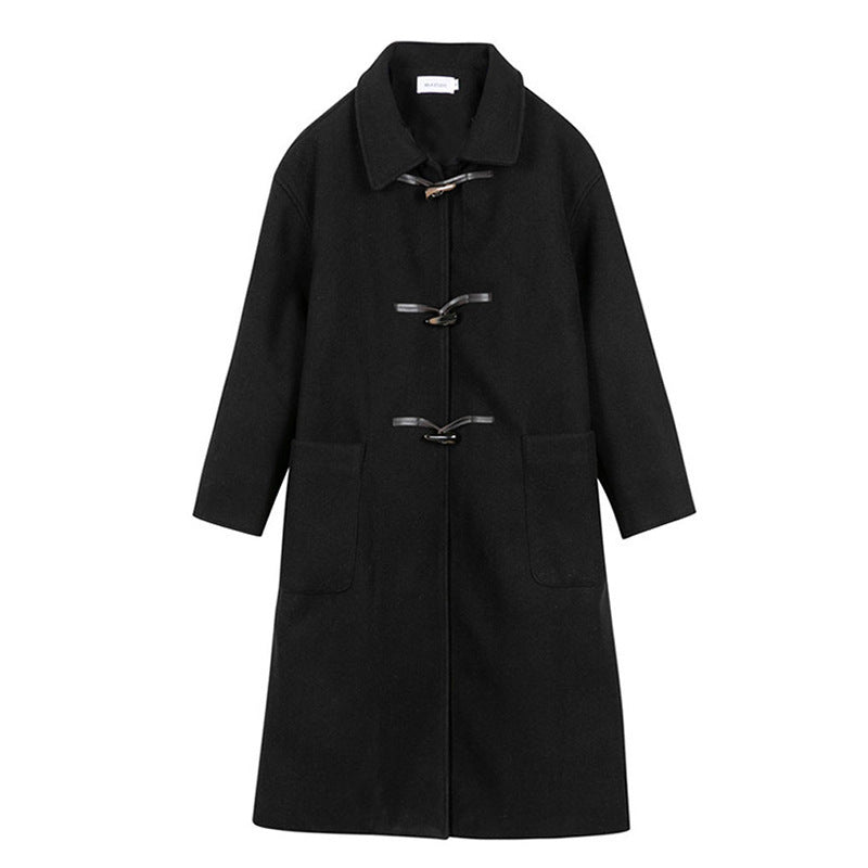Women's Horn Buckle Mid-length College Wind Woolen Coat