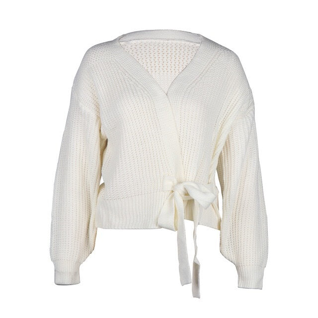 New Lace-up Temperament Commuter V-neck Sweater Women Loose Large Size Fashion Knitted Cardigan