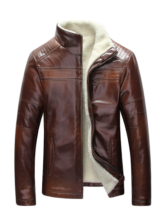 Men PU Leather Stand Collar Jacket