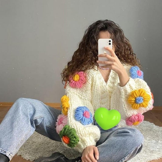 Handmade Three-dimensional Flower Lantern Sleeve Loose Sweater Coat