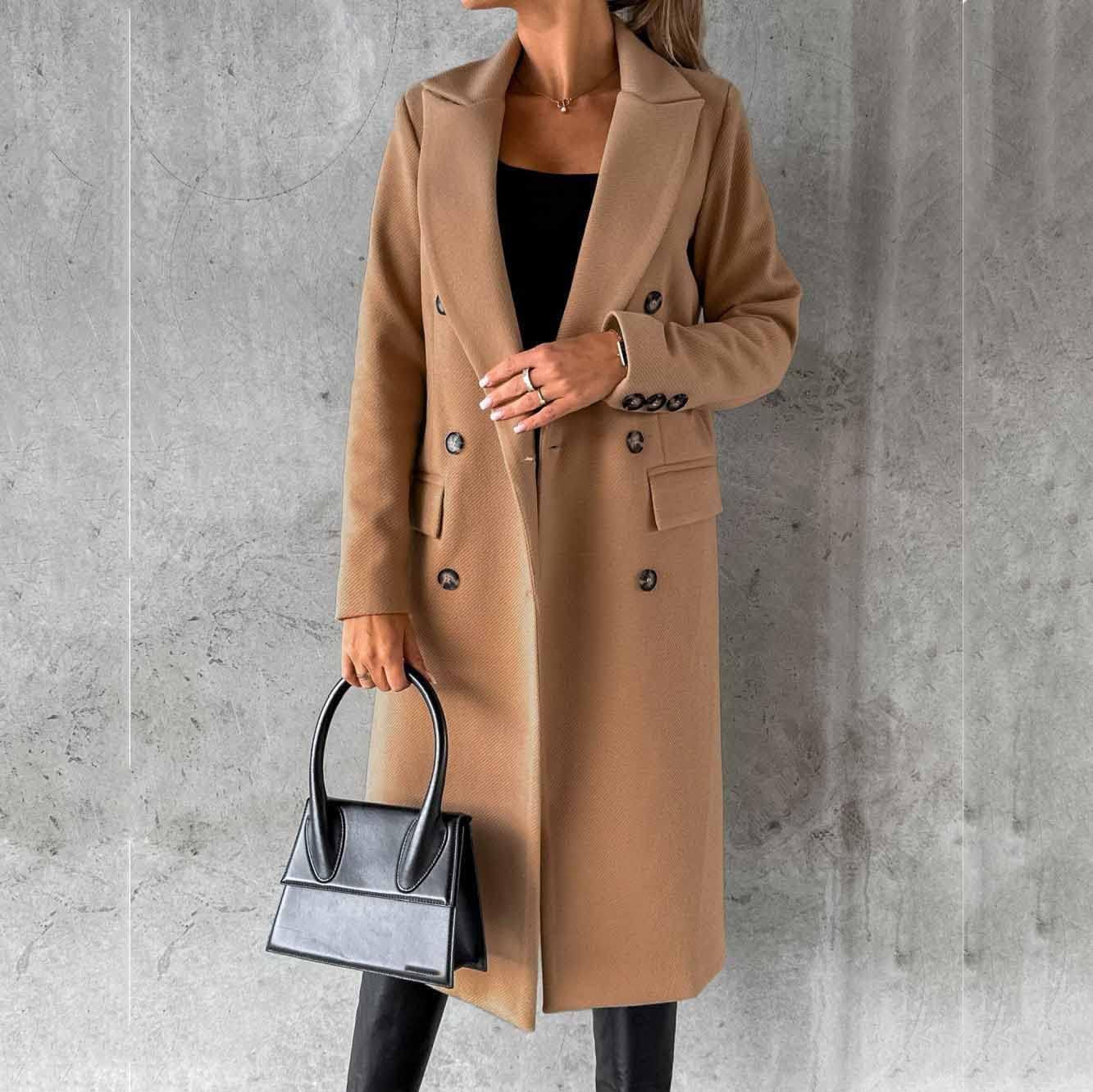 Long-Sleeved Wool Coat with Double-Breasted Buttons,Women'S Double Breasted Long Trench Coat Windproof Classic Lapel Slim Overcoat