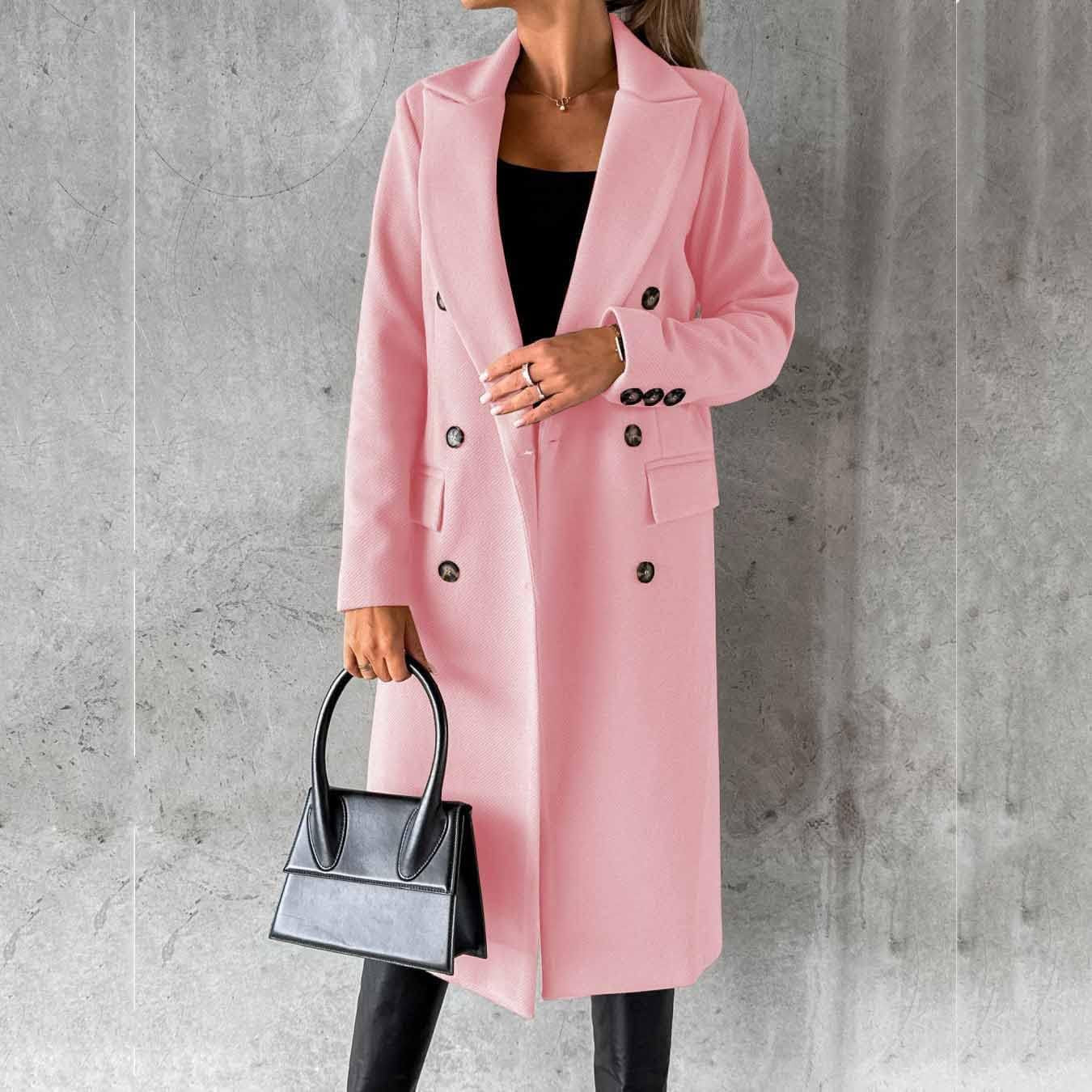 Long-Sleeved Wool Coat with Double-Breasted Buttons,Women'S Double Breasted Long Trench Coat Windproof Classic Lapel Slim Overcoat