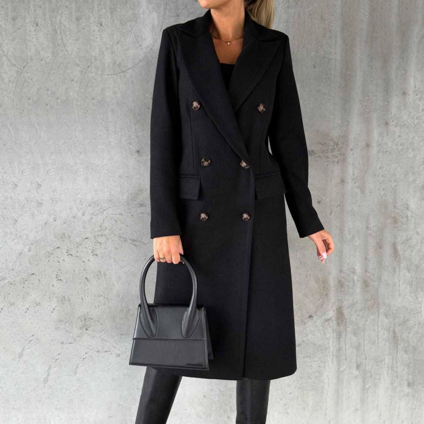 Long-Sleeved Wool Coat with Double-Breasted Buttons,Women'S Double Breasted Long Trench Coat Windproof Classic Lapel Slim Overcoat
