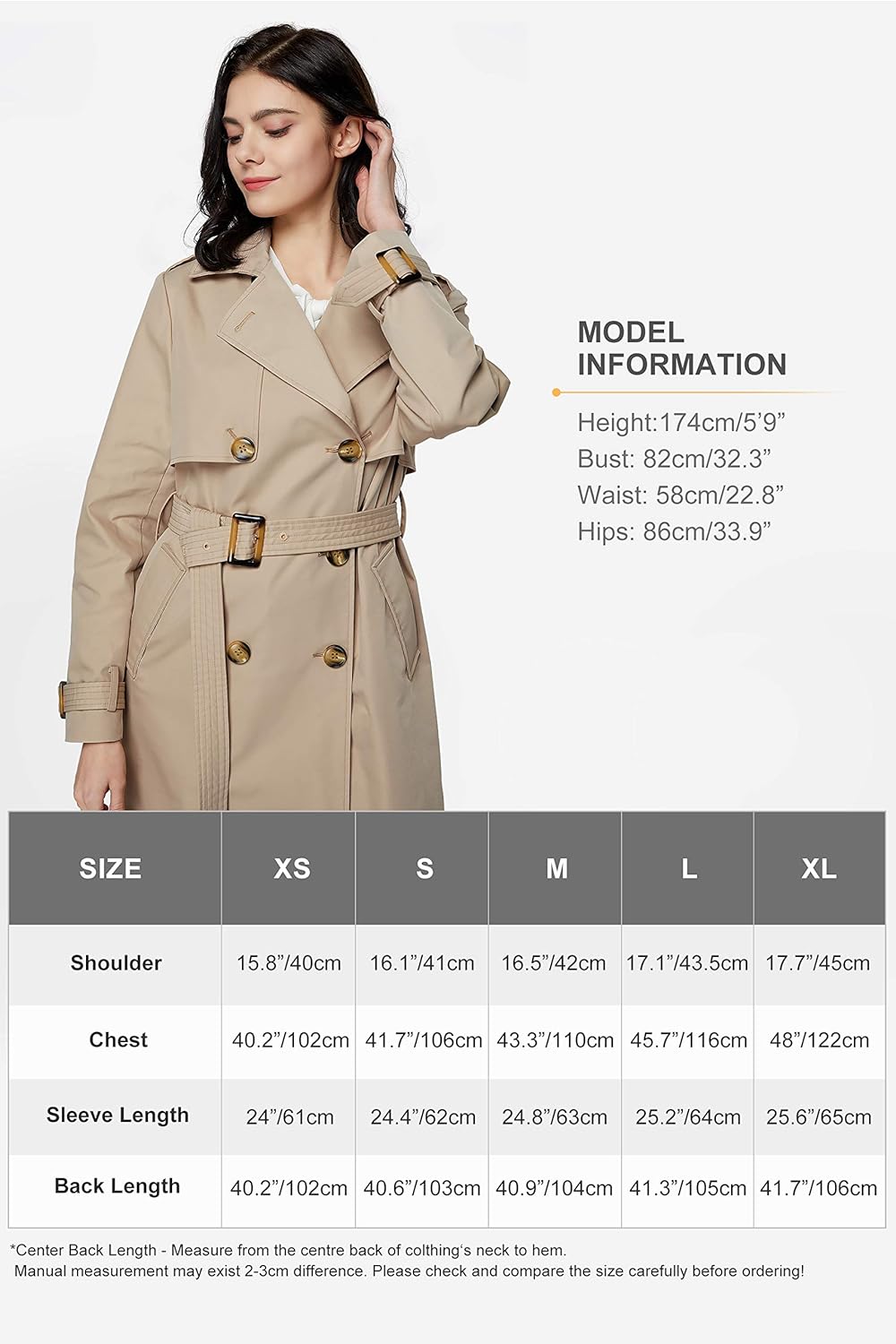 Long Trench Coat for Women with Belt Lightweight Double-Breasted Duster Trench Coat Slim Fit